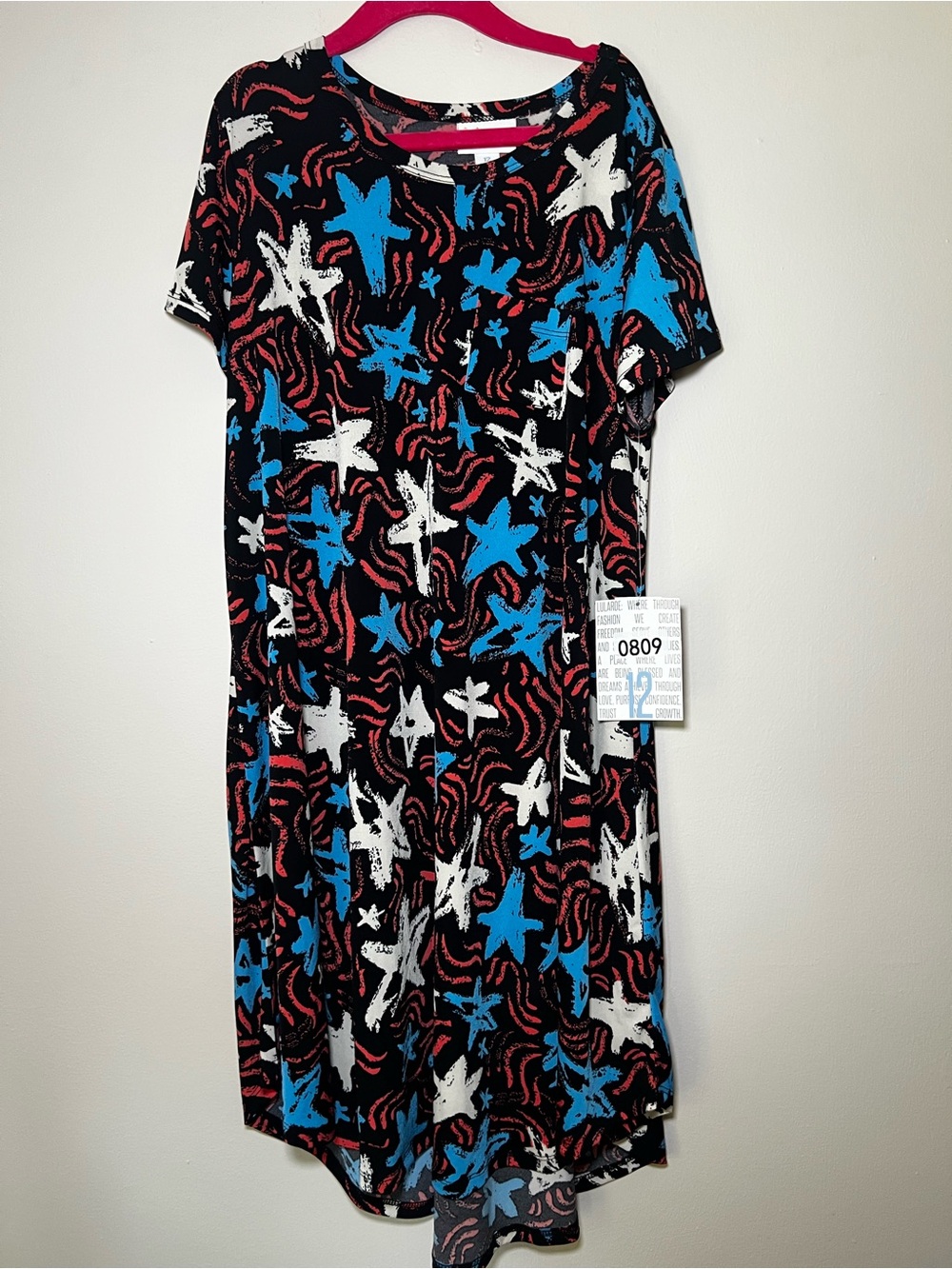 LuLaRoe Scarlett Black Blue White Red Star Print Kids Dress